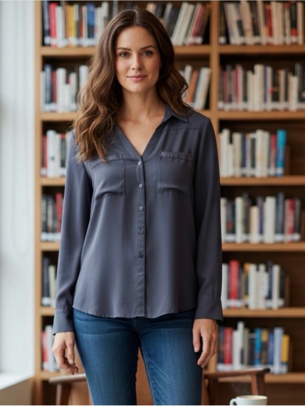 Express Women's Blue Gray Button-Down Convertible Long Sleeve Blouse Size XS